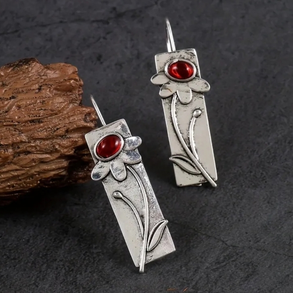 Silver Color Flower Inlaid Red Stone Dangle Hook Earrings‎ 2/$15‎ 3/$20 4/$25 - Picture 5 of 6